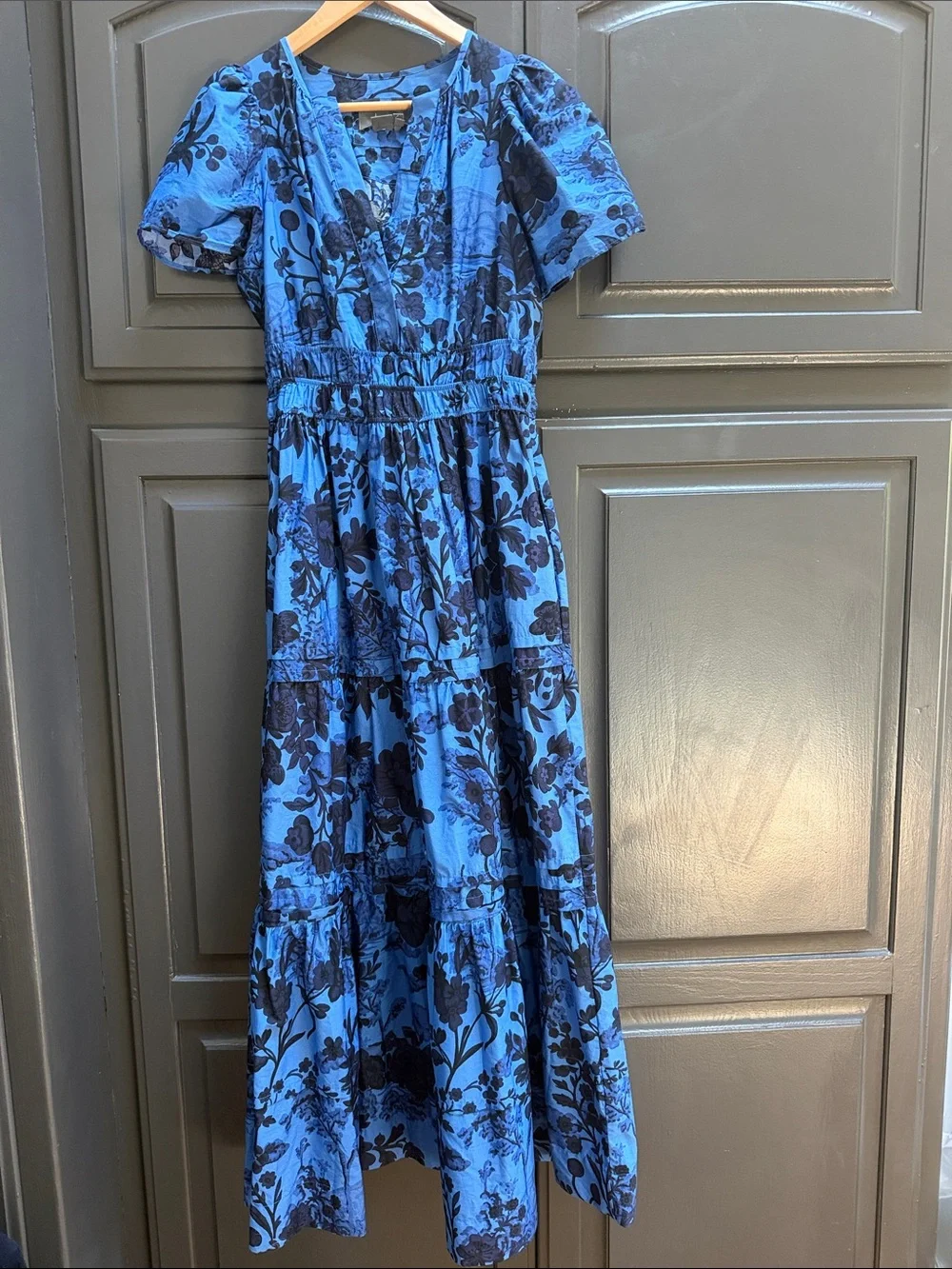 Anthropologie Somerset Blue Floral Tiered Midi Dress | Size Small | 100% Cotton - Picture 3 of 8